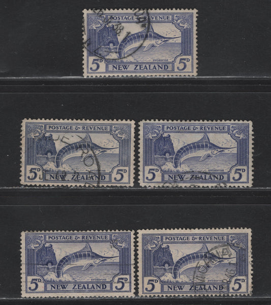Lot 323 New Zealand (C) SG#584, 584b, 584c 5d Ultramarine Striped Marlin, 1936-1947 Pictorial Issue, 3 Fine/Very Fine Used Singles, Includes Two Different Shades Each of The Last 2 Perfs