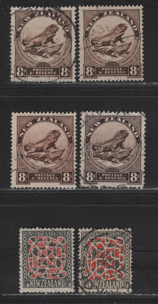 Lot 324 New Zealand (C) SG#586, 586b-d, 587, 587b 8d - 9d Chocolate - Red & Gray Tuatara lizard - Maori Panel, 1936-1947 Pictorial Issue, 6 Fine/Very Fine Used Singles, All Listed Perfs & Wmks