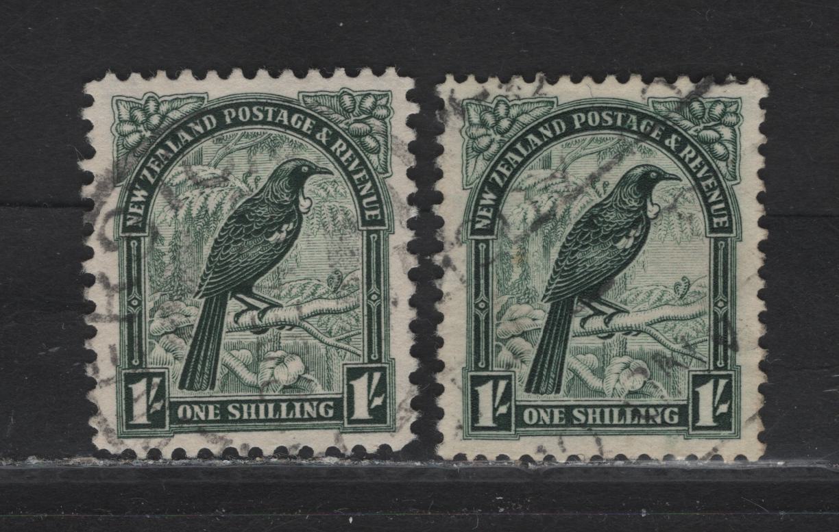 Lot 325 New Zealand (C) SG#588, 588b 1/- Deep Green Parson Bird, 1936-1947 Pictorial Issue, 2 Very Fine Used Singles, Perf 14x13.5 & 12.5, Multiple Star & NZ Wmk