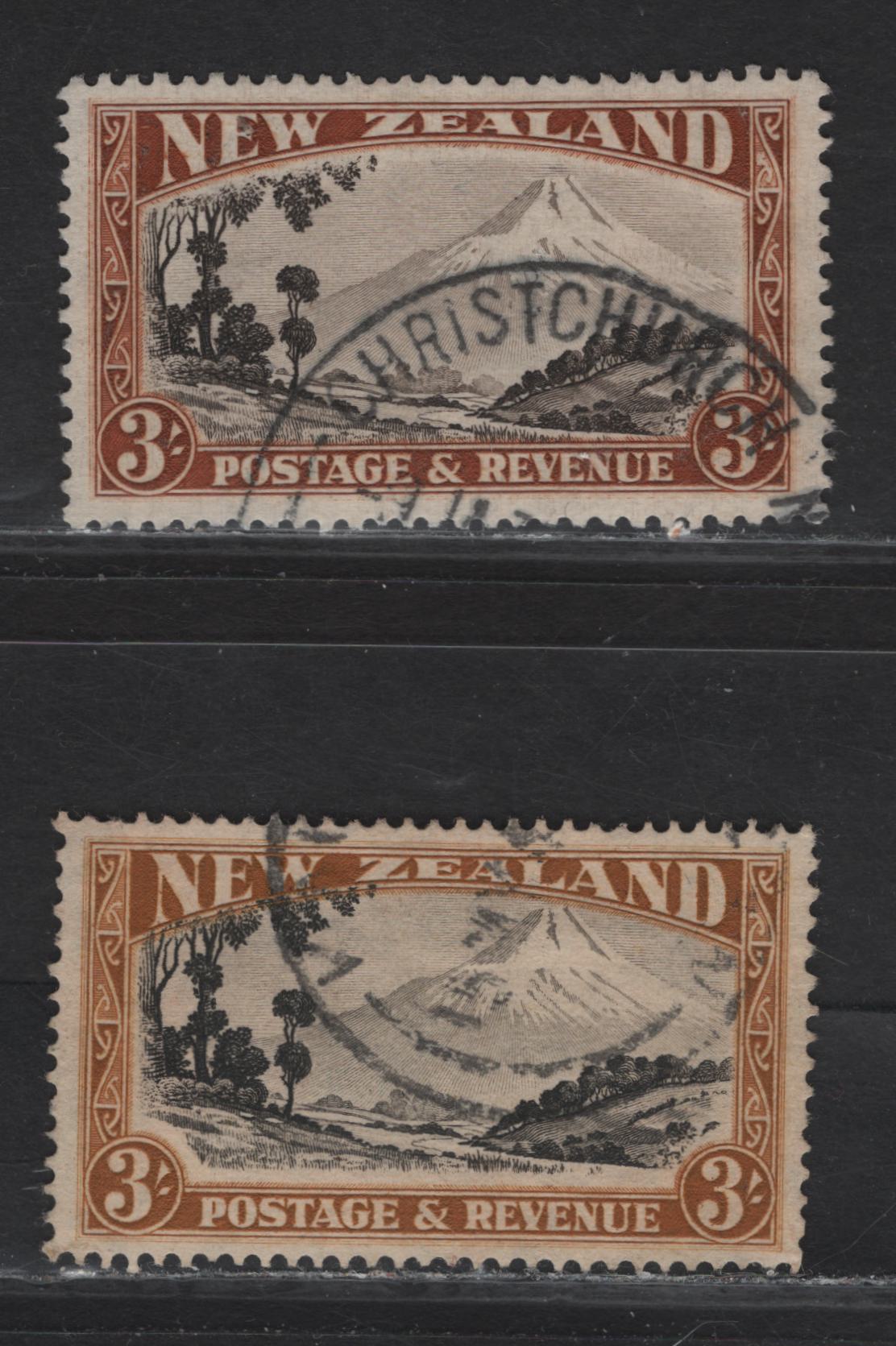 Lot 326 New Zealand (C)  SG#590, 590c 3/- Brown Black & Bistre Brown - Brown Black & Yellow Brown Mt Egmont, 1936-1947 Pictorial Issue, 2 Very Fine Used Singles, Perf 13-14x13.5