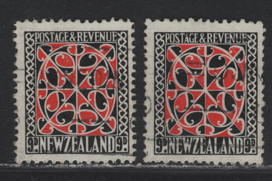 Lot 330 New Zealand (C) SG#630-631 9d Scarlet & Black Maori Panel, 1941 Redrawn Typographed Pictorial Issue, 2 Fine Used Singles, Single & Multiple Star & NZ Wmk