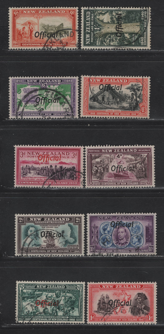 Lot 335 New Zealand (C) SG#O141-O150 1/2d - 1/- Blue Green - Sage Green & Deep Green Arrival of The Maori's - Giant Kauri Tree, 1940 Official Overprinted Centenary Issue, 10 Very Fine Used Singles