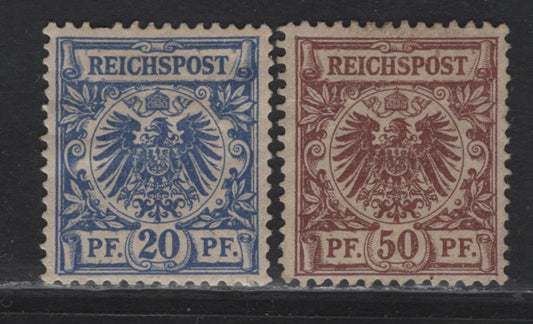 Lot 339 Germany SC#49, 51d 20pf - 50pf Ultramarine - Reddish Brown Eagle & Shield, 1889-1900 Eagle & Shield Keyplate Issue, 2 FOG & Unused Singles, The 50pf Has Nop Gum & Matches The Reddish Brown Swatch On The Michel Color Key