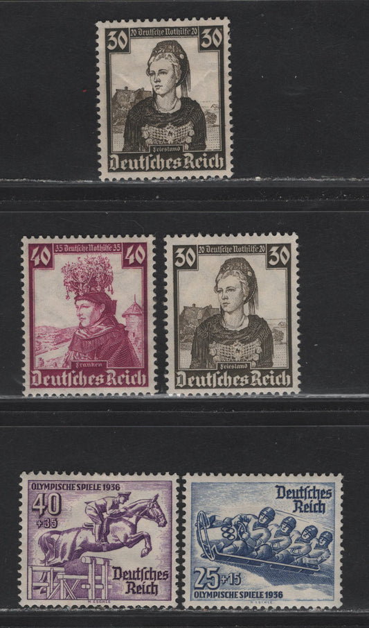 Lot 341 Germany SC#B77-B78, B88-B89 30+20pf - 40+35pf Olive Brown - Violet Costumes - Olympics, 1935-1936 Costumes - Olympic Issues, 5 VFOG Singles, Small GumThin On B88, Two Shades Of B74