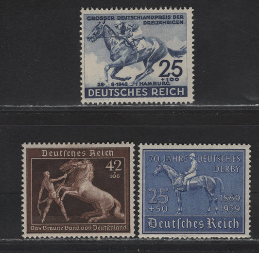 Lot 343 Germany SC#B144-145. B204 25pf+50pf - 25pf+10pf Ultramarine - Dark Blue 70th German Derby - 73rd Hamburg Day, 1939-1942 70th Anniv of German Derby - 73rd Hamburg Day Issues, 3 F/VFOG Singles