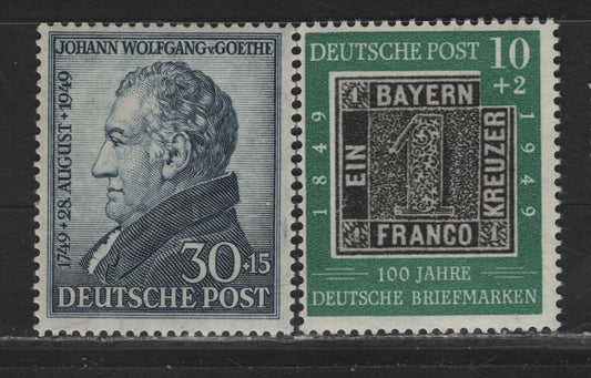 Lot 344 Germany SC#B308-B309 30pf+5pf - 10pf+2pf Dark Blue - Green & Black Van Goethe & Stamp, 1949 Van Goethe & Stamp Centenary Issue, 2 FOG Singles