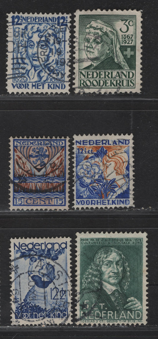 Lot 345 Netherlands SC#B17, B24, B36, B61, B95, B85 3c+2c - 5c+3c Deep Green Anniv of the Netherlands - Social & Cultural Projects, 1927-1937 80th Anniv of the Netherlands - Projects Semi Postals, 6 Very Fine Used Singles
