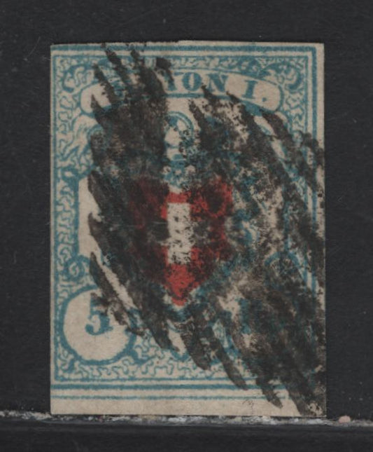 Lot 347 Switzerland SC#10 5r Light Blue & Red Rayon District, 1851 Rayon District Issue, A Fine Used Single, Full Margins & Dividing Line At Bottom Clear, But Close