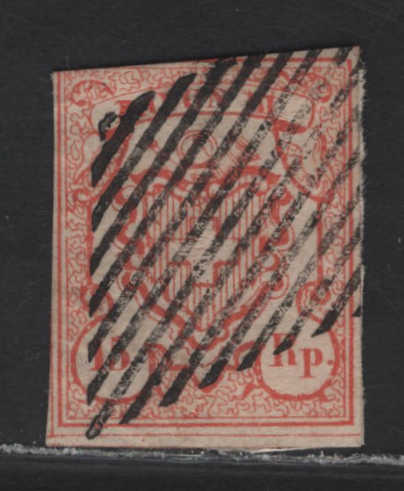 Lot 348 Switzerland SC#11 15r Vermillion Rayon District, 1851 Rayon District Issue, A Good Used Single, Full Margin At The Bottom With Dividing Line, Close Margins To Just In At UL, Shallow Margin Thin At Left.