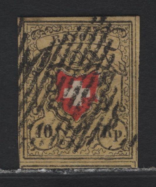Lot 349 Switzerland SC#8 10r Yellow, Black & Red Rayon Cross, 1850 Rayon District Cross Issue, A Very Fine Used Single