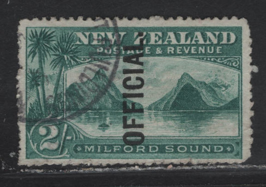 Lot 36 New Zealand (C) SG#O66 2/- Blue Green Milford Sound, 1907-1911 Pictorial Issue, A Very Fine Used Single, Star & NZ Wmk, Official Overprint