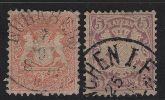 Lot 4 Germany - Bavaria SC#30, 40 18kr - 5pf Dull brick Red - Lilac Arms, 1870-1878 Embossed Arms issue, 2 Very Good/Fine Used Singles, Wide Diamonds & Wavy Lines Wmks, perf 11.5