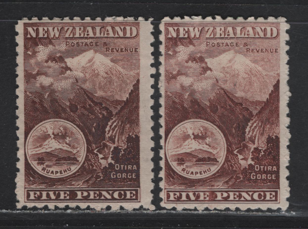 Lot 49 New Zealand (C) SG#263-a 5d Purple Brown - Deep Purple Brown Otira Gorge, 1899-1903 Pictorial Issue, 2 VFOG Singles, Perf 11, Single Star & NZ Wmk, VF Centering For This Issue.