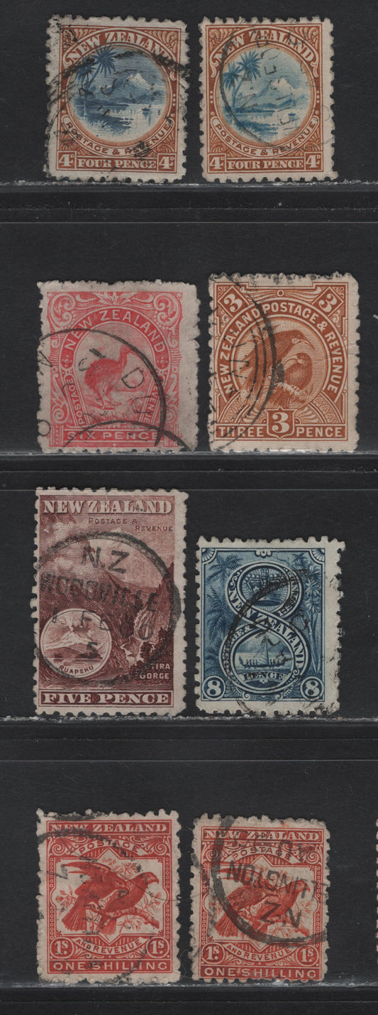 Lot 50 New Zealand (C) SG#262a-b, 261, 263, 265, 266, 268, 268b 4d - 1/- Bright Blue & Chestnut - Dull Brown Red Lake Taupo & Mount Ruapehu - Kea & Kaka, 1899-1903 Pictorial Issue, 8 Very Good/Fine Used Singles, Unwatermarked, Perf 11