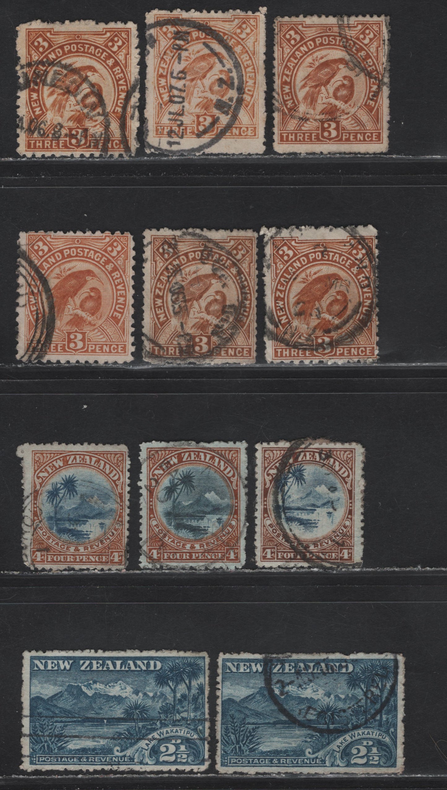 Lot 54 New Zealand (C) SG#309-b, 320-a, 321-c, 322, 322d-e 3d - 4d Yellow Brown - Brown Hula - Lake Taupo, 1902-1907 Pictorial Issue, 11 Fine/Very Fine Used Singles, Perfs 11 & 14, Various Perfs, Shades & Wmks
