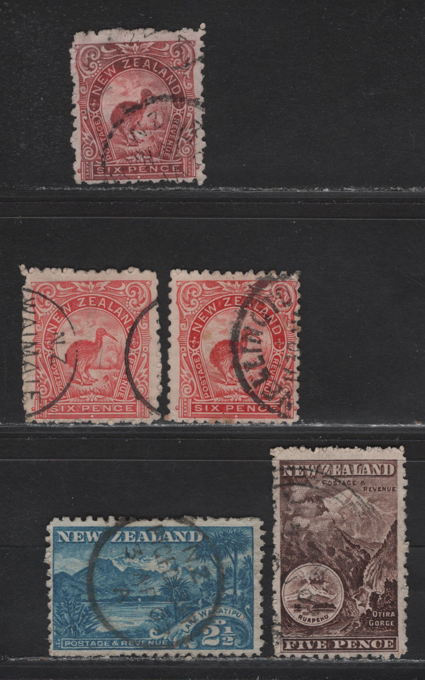 Lot 56 New Zealand (C) SG#308, 311b, 312, 312d 2.5d - 6d Blue - Rose Red Lake Wakatipu - Brown Kiwi, 1902-1907 Pictorial Issue, 4 Fine Used Singles, Perf 11, Star & NZ Wmk