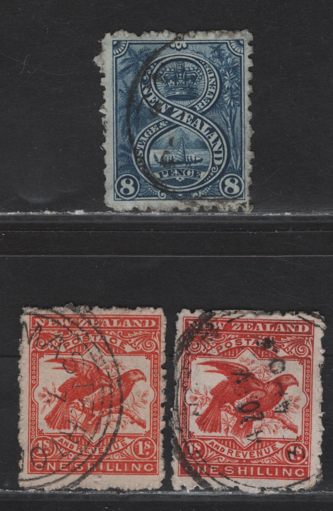 New Zealand (C) SG#313, 315a-b 8d - 1/- Blue - Orange Red Maori War Canoe - Kea & Kiwi, 1902-1907 Pictorial Issue, 3 Fine/Very Fine Used Singles, Crown & NZ Wmk
