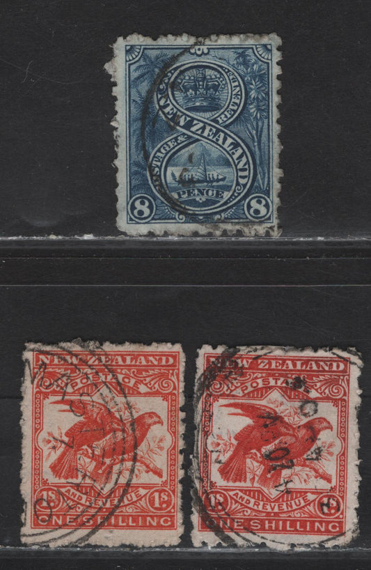 New Zealand (C) SG#313, 315a-b 8d - 1/- Blue - Orange Red Maori War Canoe - Kea & Kiwi, 1902-1907 Pictorial Issue, 3 Fine/Very Fine Used Singles, Crown & NZ Wmk