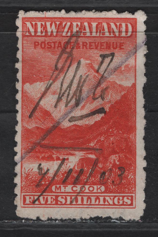 Lot 59 New Zealand (C) SG#317b 5/- Vermillion Mount Cook, 1902-1907 Pictorial Issue, A Fine Used Single, Perf 14, perf 11, Fiscal Cancel.