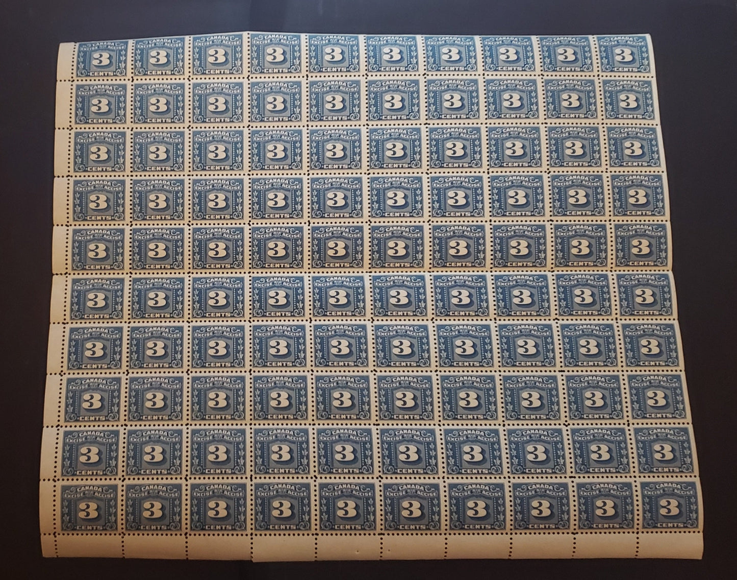 Canada #FX64 3c Blue Three Leaves, 1934-1948 Three Leaf Excise Tax Issue, A FNH Sheet Of 100, Cream Semi-Gloss Gum, Some Minor Gum Bends Affect Some Stamps