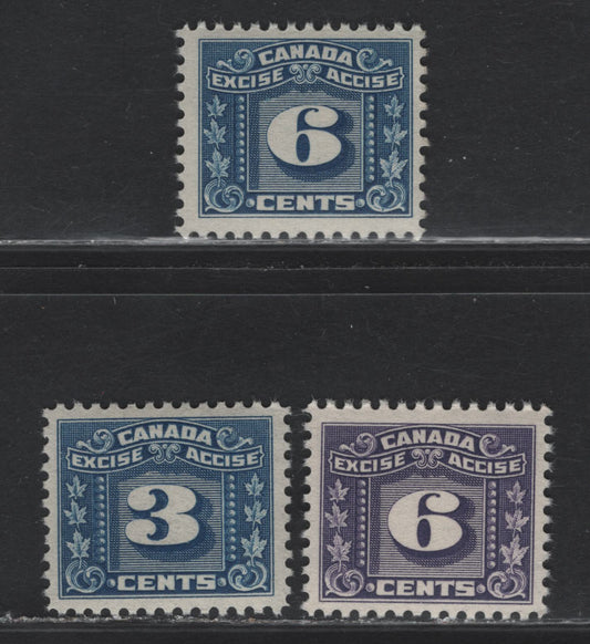 Canada #FX64, FX67-68 3c - 6c Blue - Purple Three Leaves, 1934-1948 Three Leaf Excise Tax Issue, 3 VFNH Singles, Deep yello Glossy Gum (3c), Yellowish Cream Semi Gloss Gum(6c Blue) & Cream Semi Gloss Gum