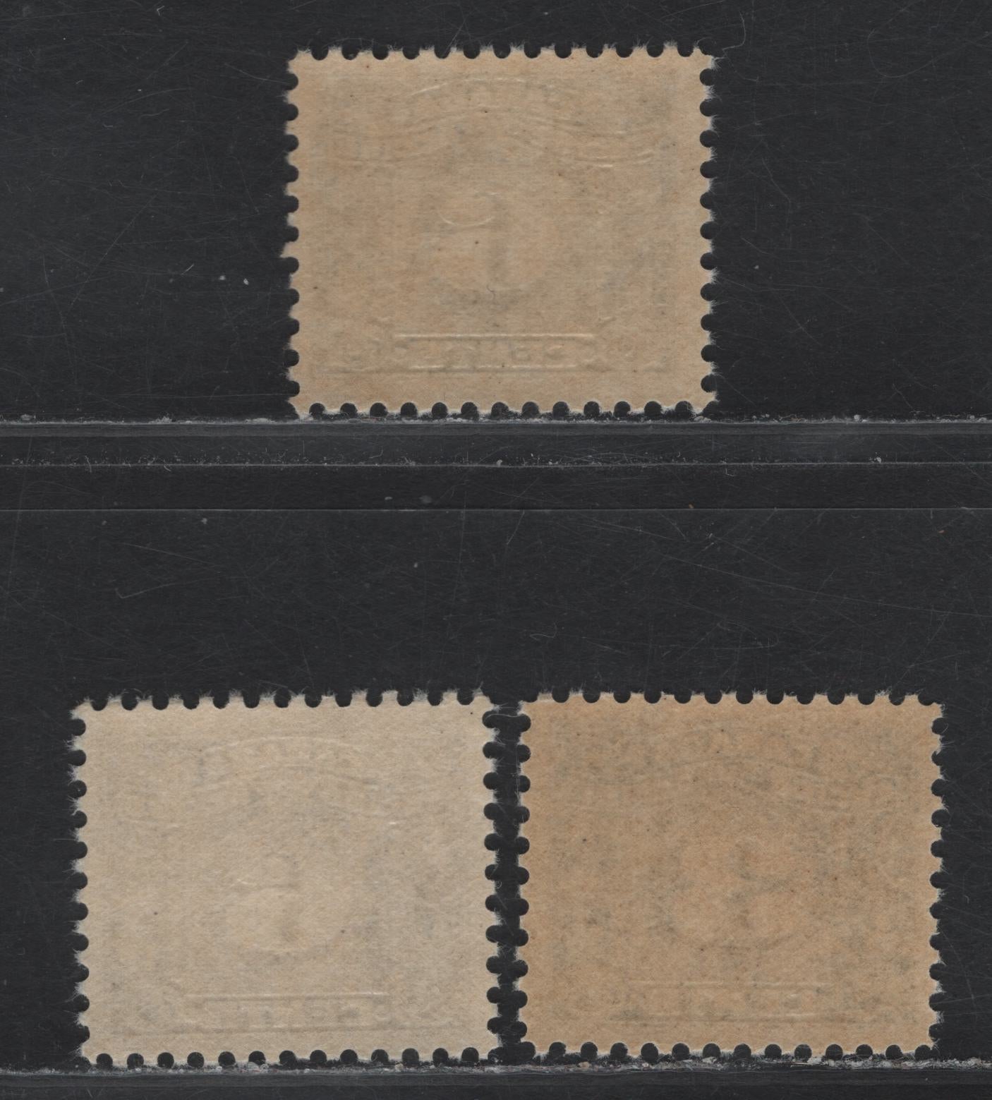 Canada #FX64, FX67-68 3c - 6c Blue - Purple Three Leaves, 1934-1948 Three Leaf Excise Tax Issue, 3 VFNH Singles, Deep yello Glossy Gum (3c), Yellowish Cream Semi Gloss Gum(6c Blue) & Cream Semi Gloss Gum