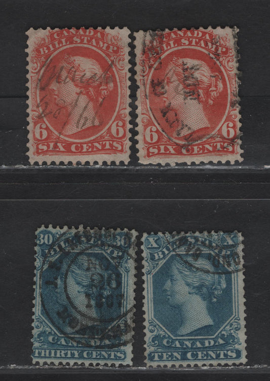 Lot 65 Canada #FB23, FB27, FB29 6c - 30c Red - Blue Queen Victoria, 1865 Second Bill Issue, 3 Fine Used Singles, Perf 12x13.5, Thin Paper