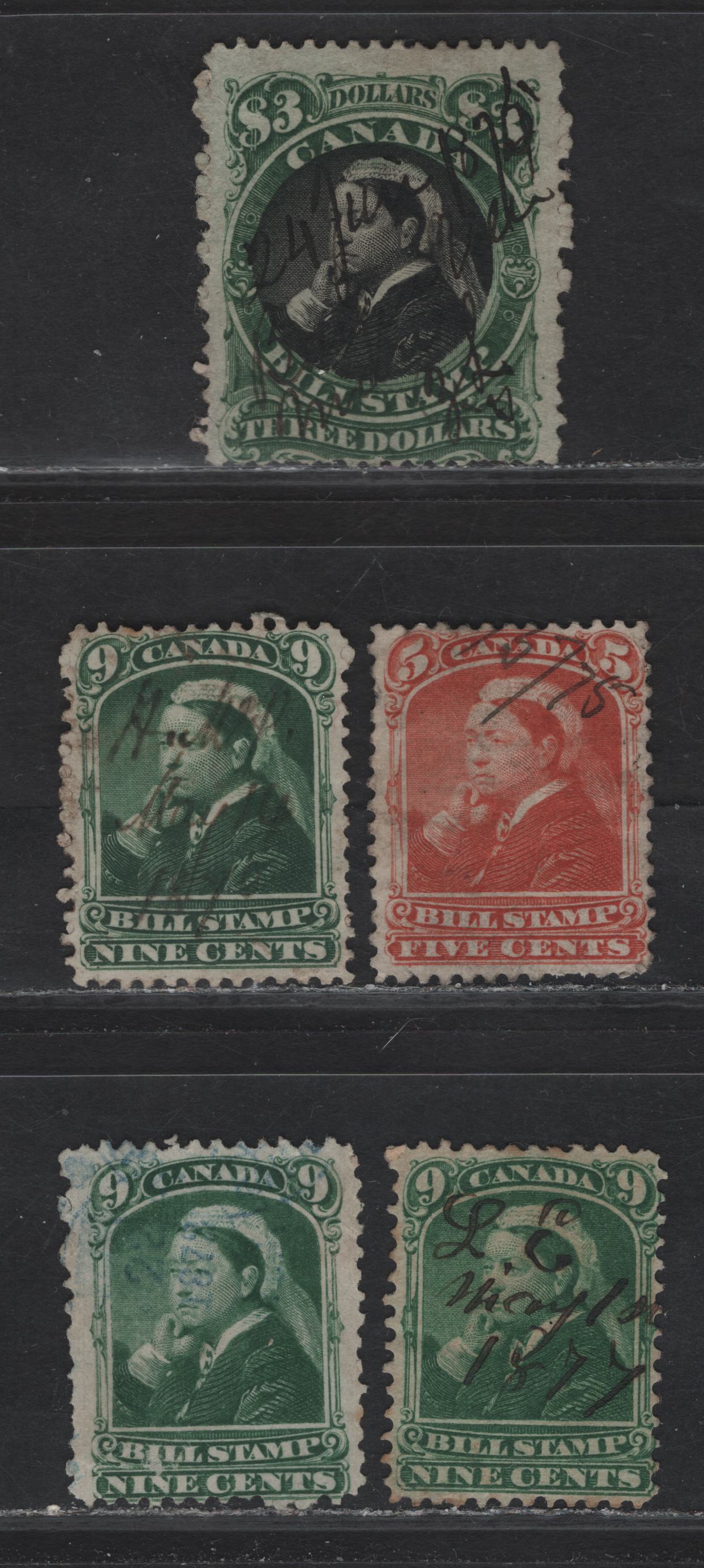 Lot 66 Canada #FB42, FB46, FB54 5c - $3 Orange - Black & Green Queen Victoria, 1868 Third Bill Issue, 5 Very Good/Fine Used Singles, Perf 12, 5c & 9c on Medium Paper, 2 Shades Of 9c & $3 On Thinner Paper.