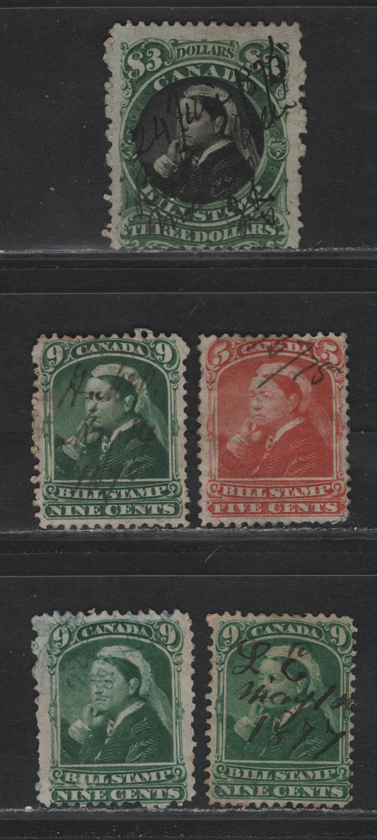 Lot 66 Canada #FB42, FB46, FB54 5c - $3 Orange - Black & Green Queen Victoria, 1868 Third Bill Issue, 5 Very Good/Fine Used Singles, Perf 12, 5c & 9c on Medium Paper, 2 Shades Of 9c & $3 On Thinner Paper.