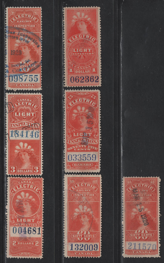 Lot 68 Canada #FE11-FE15, FE17 60c - $10 Vermillion Queen Victoria, 1900 Electric & Light Inspection Issue, 7 Fine/Very Fine Used Singles, Includes Blue & Purple Control Numbers On The 60c