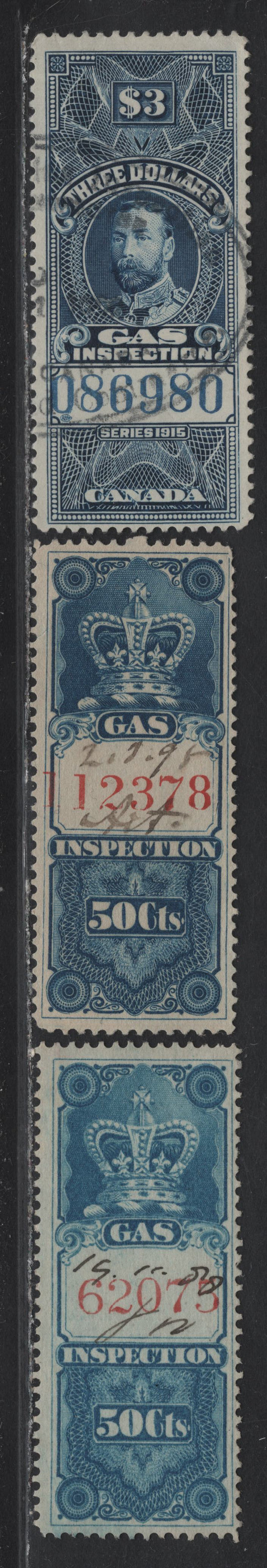 Lot 69 Canada #FG10, FG31a 50c - $3 Light Blue - Blue Crown -King George V, 1875-1915 Gas Inspection Issue, 3 Fine Used Singles, Two Shades of the 1875 issue With 3.5mm Control Numbers, 1915 Issue is A Later Dry Printing