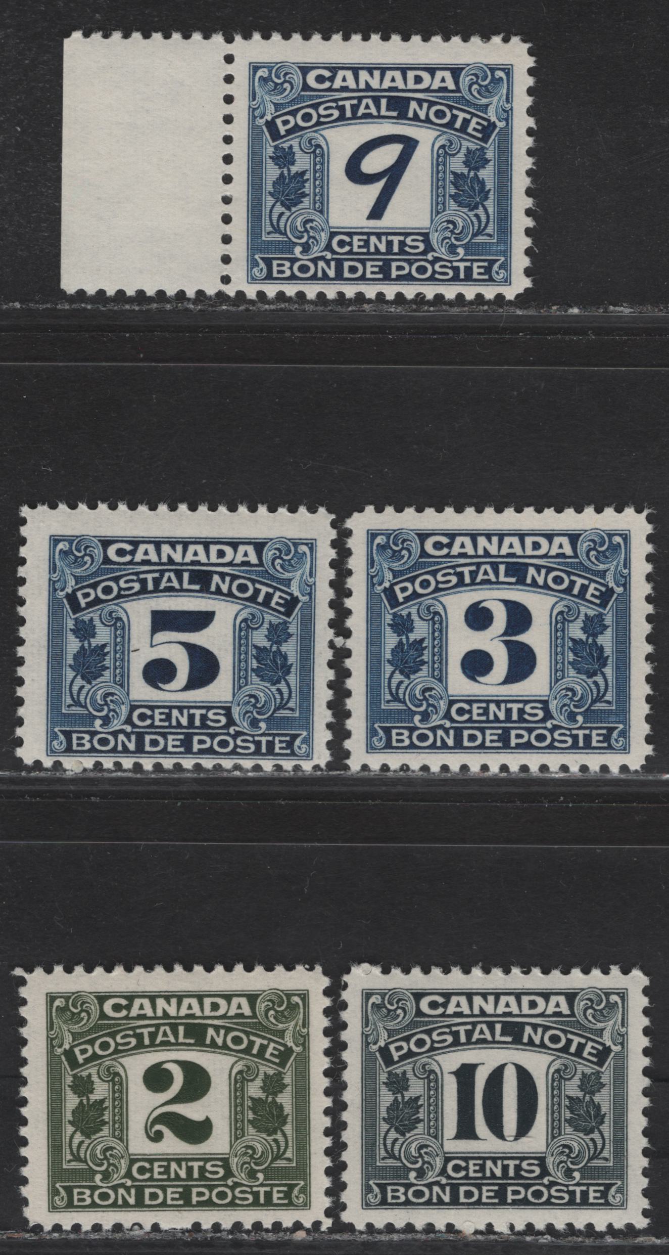 Lot 70 Canada #FPS4-5, FPS7, FPS11-12 2c - 10c Olive Green - Slate Green Numeral, 1932-1948 First Postal Note/Scrip Issue, 5 F/VFNH Singles, 3c, 2c & 5c Cream Gum Ribbed Vertically, 9c & 10c Cream Semi Gloss Gum