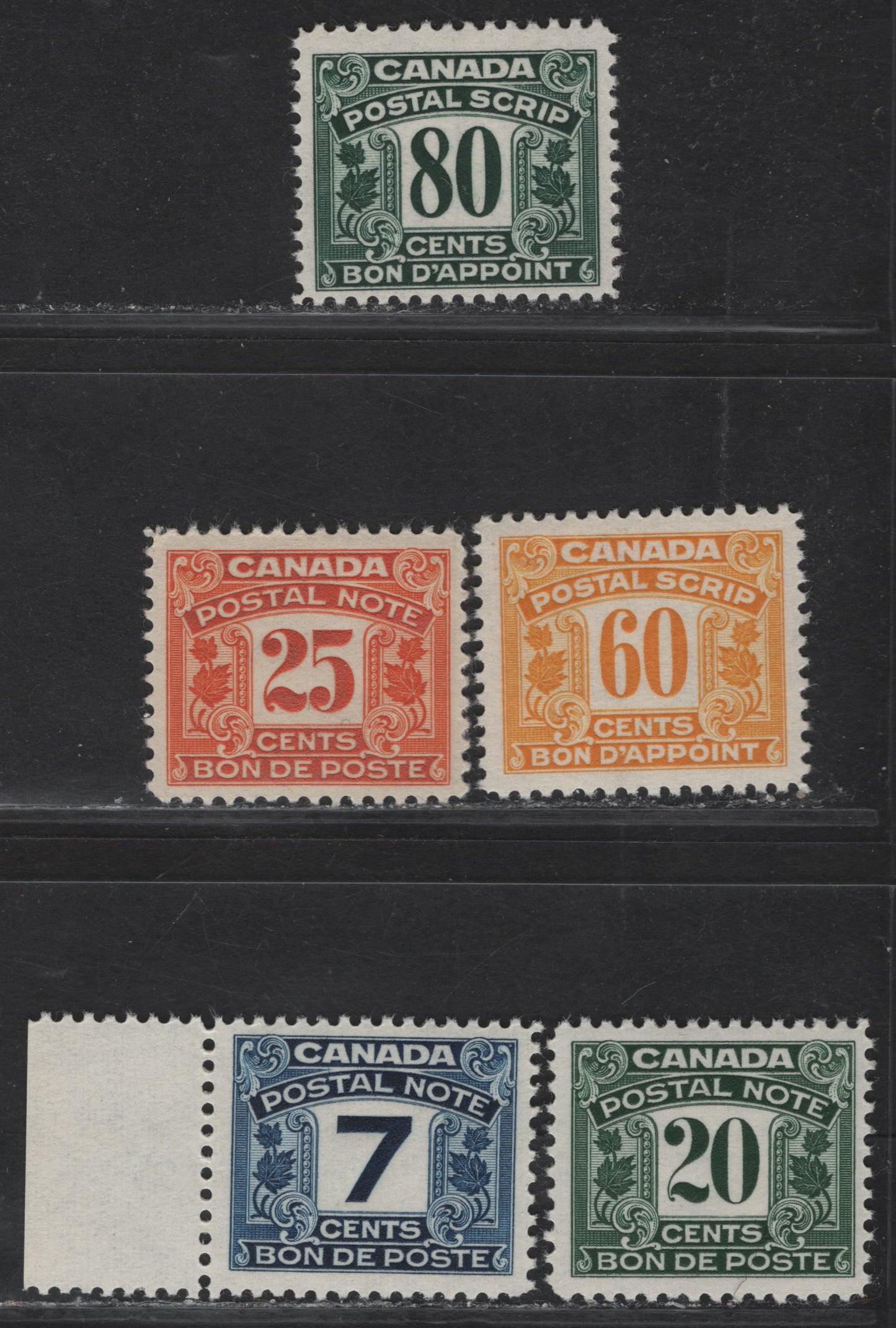 Lot 72 Canada #FPS9, FPS13, FPS14, FPS18, FPS21 7c - 80c Blue - Green Numeral, 1932-1948 First Postal Note/Scrip Issue, 5 F/VFNH/OG Singles, All NH Except 60c, 25c Has Crackly Cream Gum, Others Are Vertical Ribbed With Semi Gloss Cream Gum.