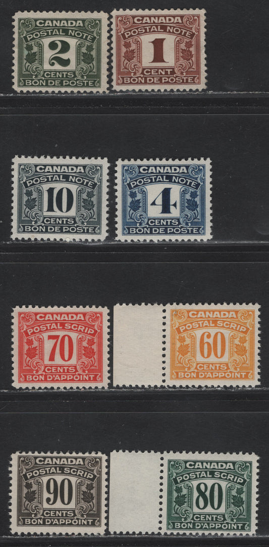 Lot 73 Canada #FPS2, FPS4, FPS6, FPS12, FPS18-19, FPS21-22 1c - 90c Brown -Black Brown Numeral, 1932-1948 First Postal Note/Scrip Issue, 8 F/VFOG Singles, 1c & 2c Are Earlier Printings With Crackly Cream Satin Gum