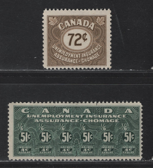 Lot 75 Canada #FU7, FU42 51c - 72c Green - Bistre Numeral, 1941-1955 Issue of Unemployment Insurance, 2 FOG/NH Singles