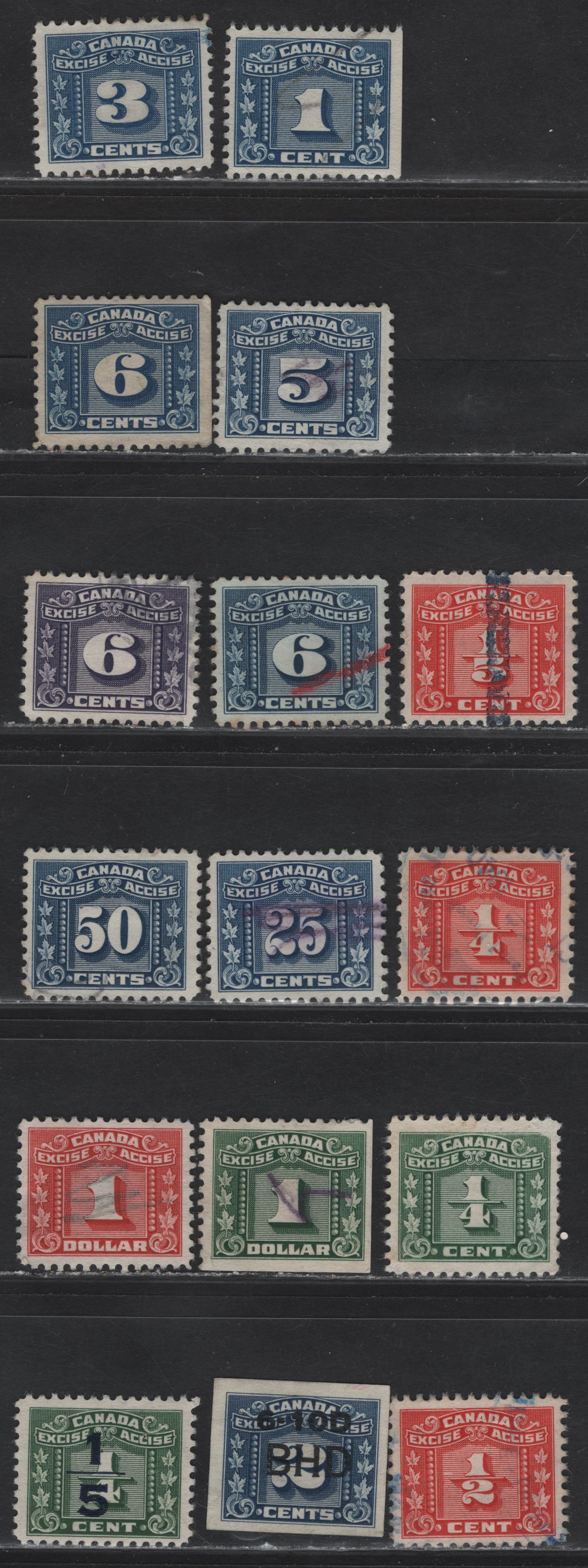 Lot 82 Canada Van Dam#FX54/FX104 1/5c - 1/5c on1/4c Red - Green Three Leaf, 1934-1948 Three Leaf Excise Tax, Fine/Very Fine Used Singles, Includes Imperf 2c & 1/5c on 1/4c Surcharged