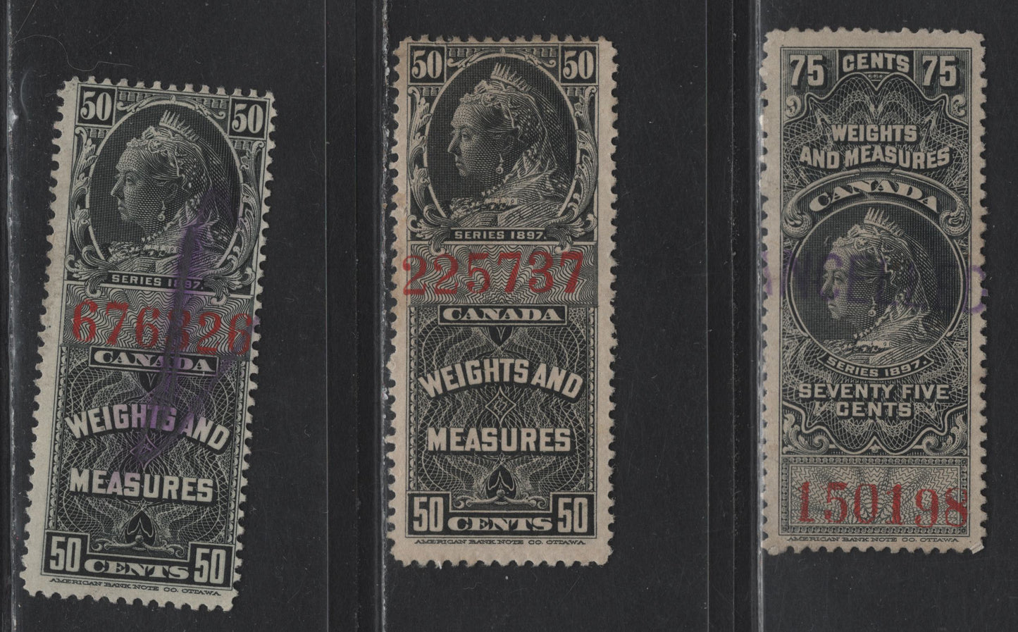 Lot 84 Canada Van Dam#FWM40, FWM39 50c - 75c Black Queen Victoria, 1897 Weights & Measures Issue, 3 Very Good/Fine/Very Fine Used Singles, Red Control Numbers, Two Shades of 50c, One With Small Tear