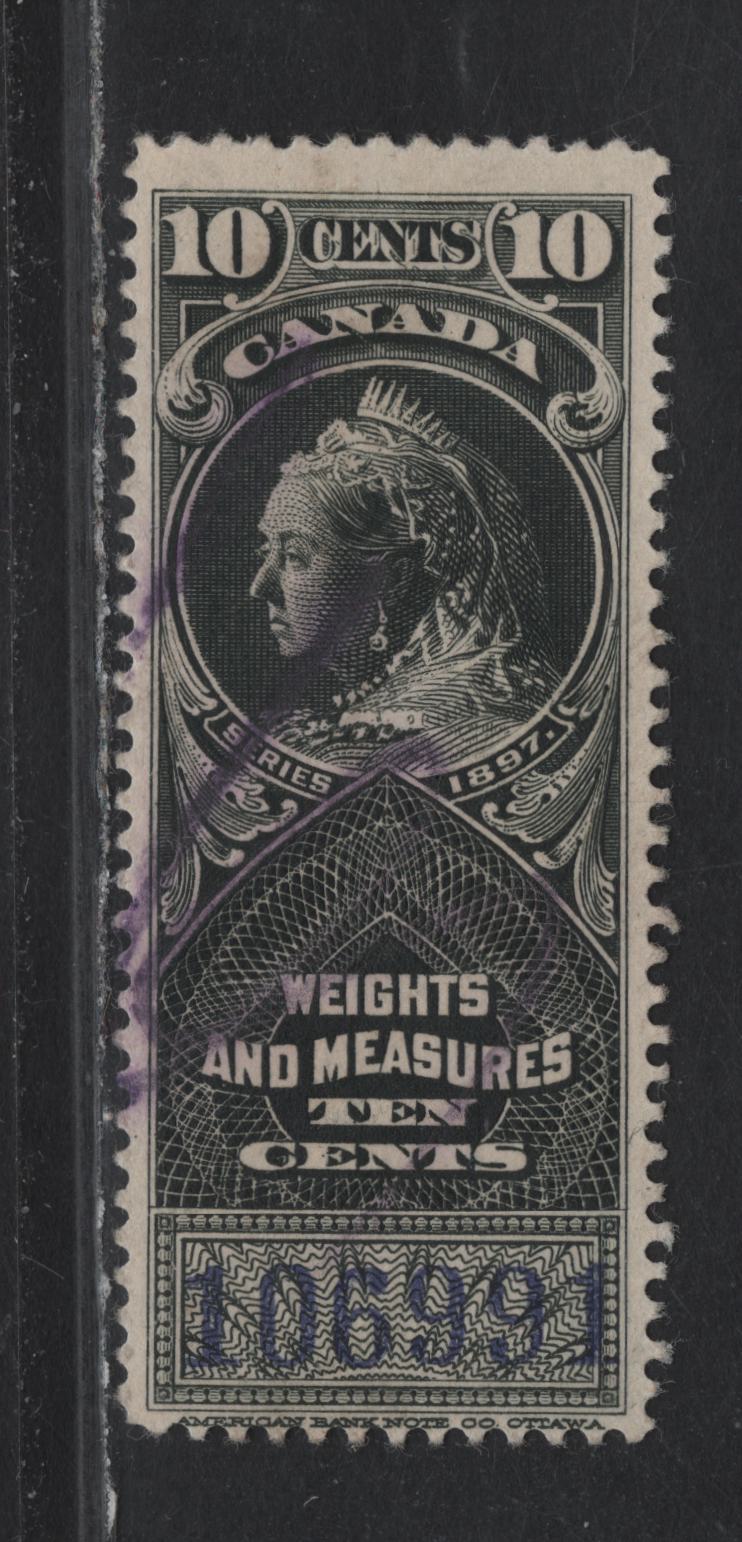 Lot 85 Canada Van Dam#FWM46 10c Black Queen Victoria, 1897 Weights & Measures Issue, A Fine Used Single, Blue Control Number