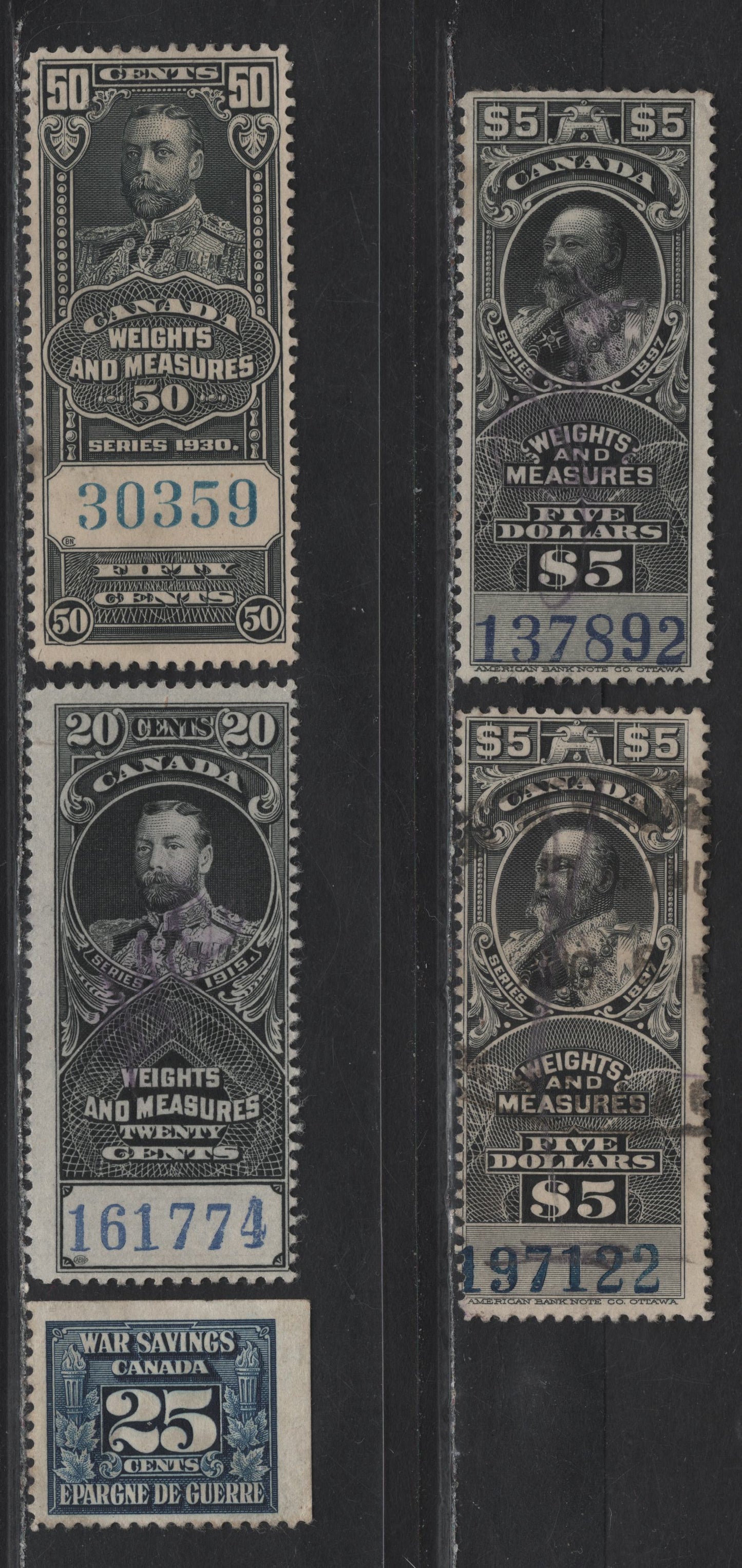 Lot 87 Canada Van Dam#FW55, FWM5, FWM58, FWM65 20c - 25c Black - Blue King Edward VII - King George V & VI, 1906-1941 Weights & Measures - War Savings Issues, 5 Fine/Very Fine Used Singles