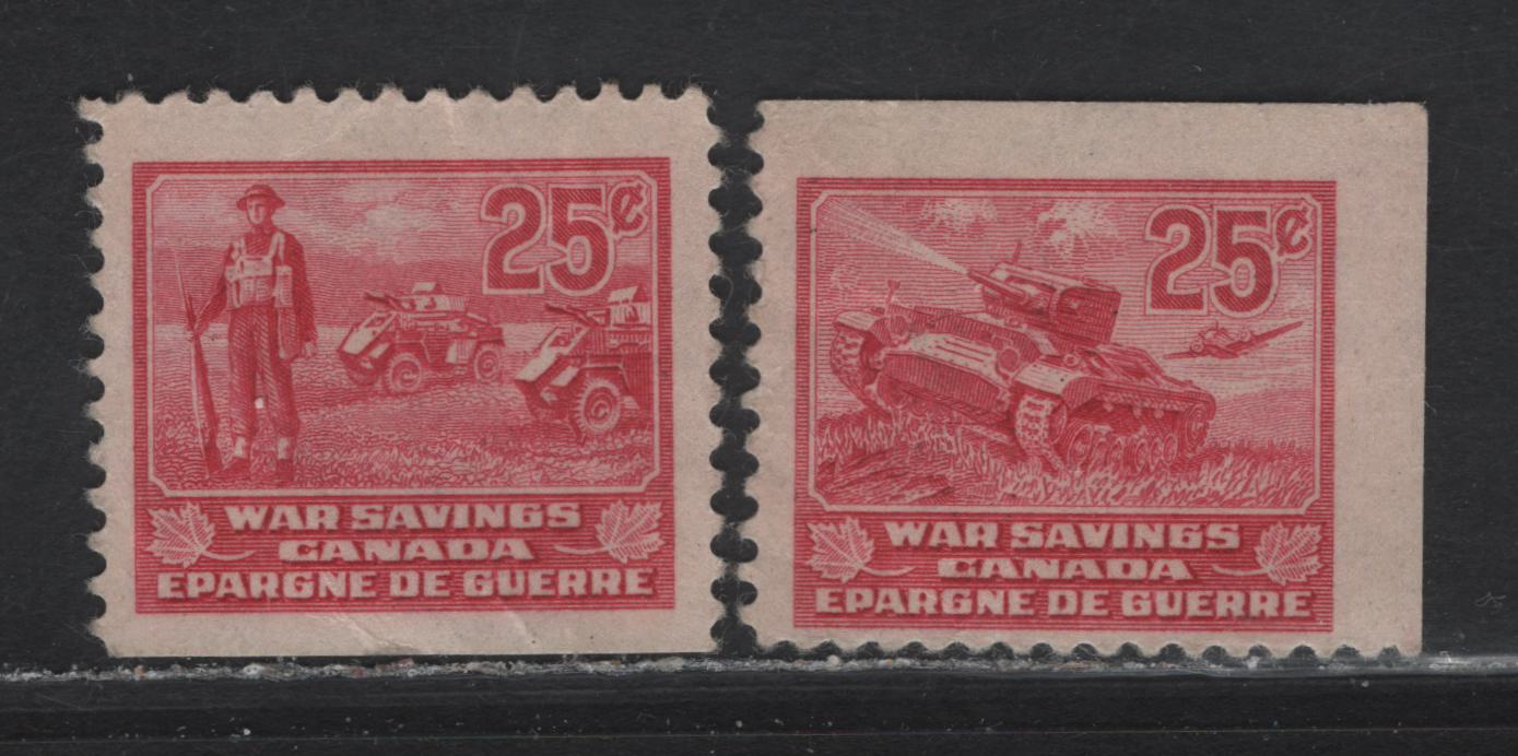 Lot 89 Canada Van Dam#FWS10, FWS13 25c Carmine Rose Tank & Soldier, 1940-1941 War Savings Issue, 2 FNH Singles, Light Bends