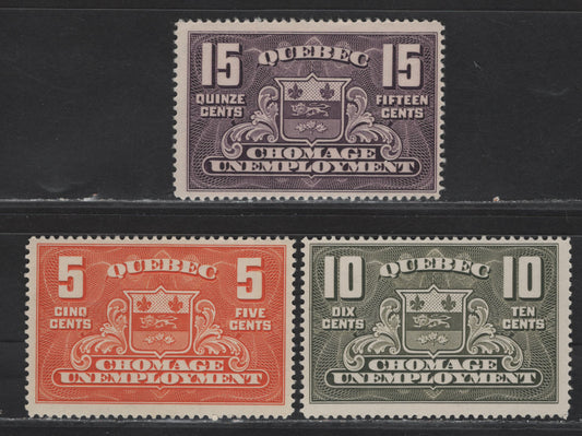 Lot 97 Canada Van Dam#Q41-Q43 5c - 15c Orange - Violet Arms, 1934-1939 Unemployed Relief Tax Issue, 3 FOG Singles