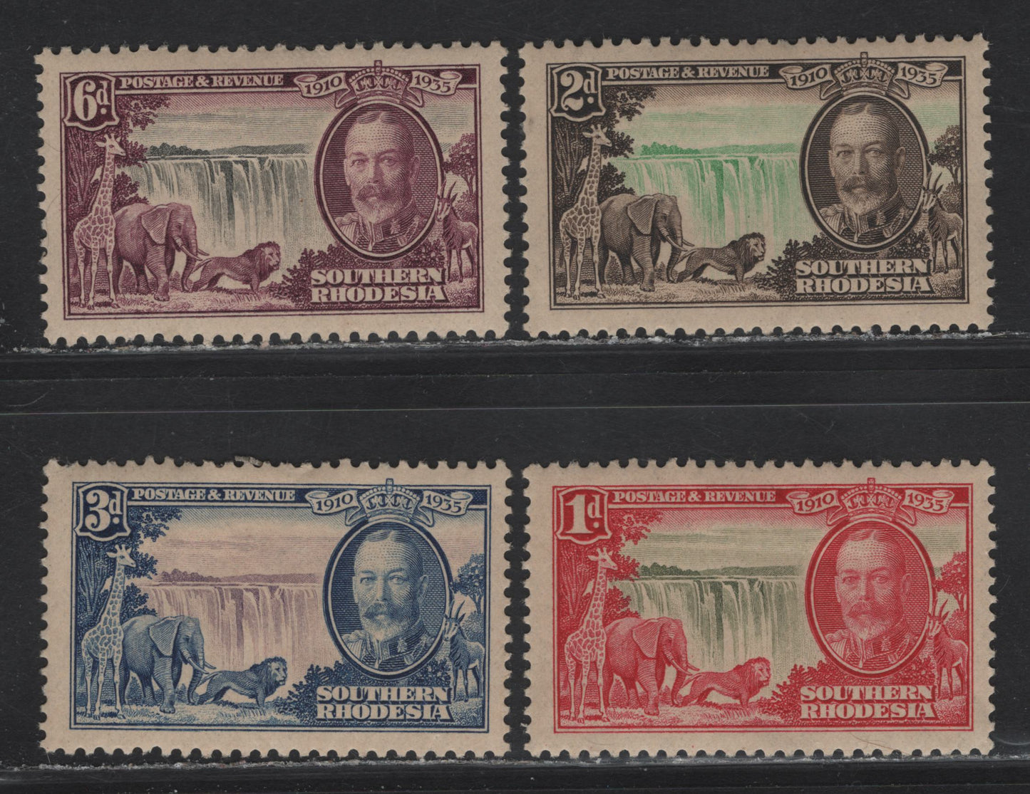 Lot 98 Southern Rhodesia SG#31-34 1d - 6d Olive & Rose Carmine - Black & Purple King George V, 1935 Silver Jubilee Issue, 4 FOG Singles, Minor Toning