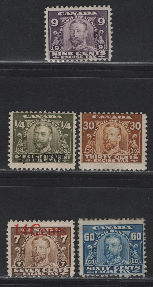 Lot 99 Canada (C) Van Dam#FX5, FX8, FX10, FX21, FX27 9c - 14c on 7c Violet - Brown King George V, 1915-1923 Excise Tax Issue, 5 FOG & Unused Singles, All With Gum Except F21, FX10 Has Only Part Distributed Gum