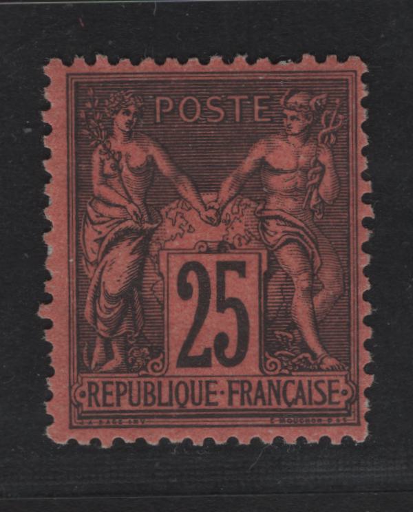 Lot 1 France SC#93 25c Black On Red Peace & Commerce, 1877-1880 Peace & Commerce Issue, A FOG Single, Type II, 2013 Weiss Certificate