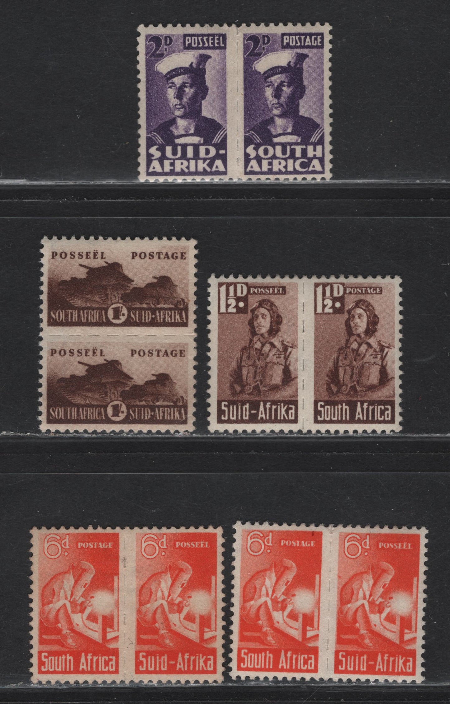Lot 102 South Africa (C) SG#99-100, 102, 104 135d - 1/- Brown Pictorials, 1942-1944 Small Format War Effort Issue, 4 F/VFNH/OG Pairs, Minor Gum Toning, There Is A Corner Crease At LR On The 1/- Pair, Two Slightly Different Shades Of 6d.