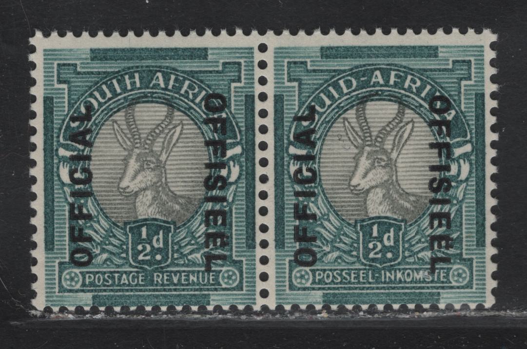 Lot 104 South Africa (C) SG#O32 1/2d Gray & Blue Green Pictorials, 1937-1944 Photogravure Pictorial Issue, A FNH Pair, Bilingual Official Overprint, Official Reading Up, Offside Reading Downward, No Period.