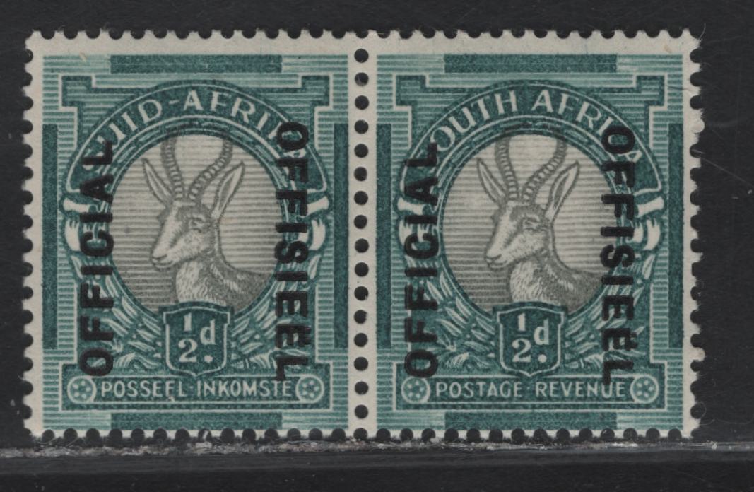 Lot 105 South Africa (C) SG#O32 1/2d Gray & Blue Green Pictorials, 1937-1944 Photogravure Pictorial Issue, A FOG Pair, Bilingual Official Overprint, Official Reading Up, Offside Reading Downward, No Period.