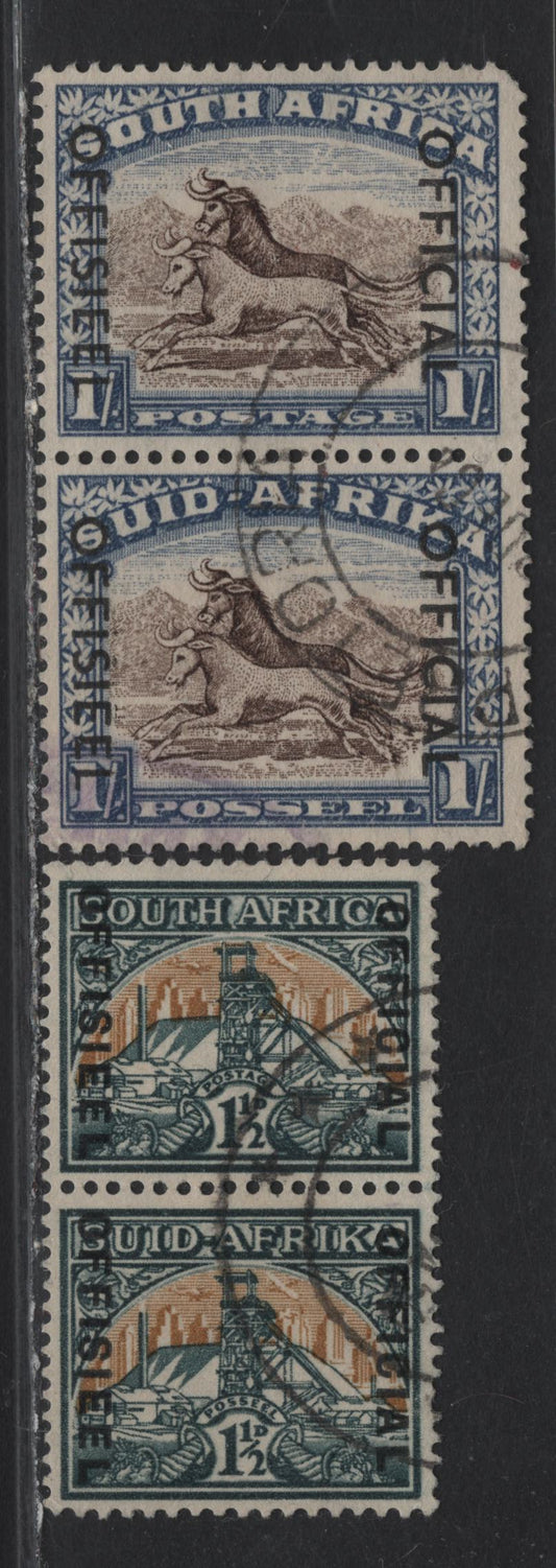 Lot 106 South Africa (C) SG#O33c, O47 1.5d - 1/- Blue Green & Gold - Brown & Chalky Blue Pictorials, 1944-1954 Pictorial Issue, 2 Fine/Very Fine Used Pairs, Official Overprints With Both Reading Down, Overprint Lines Are 16.5mm Apart On The 1.5d