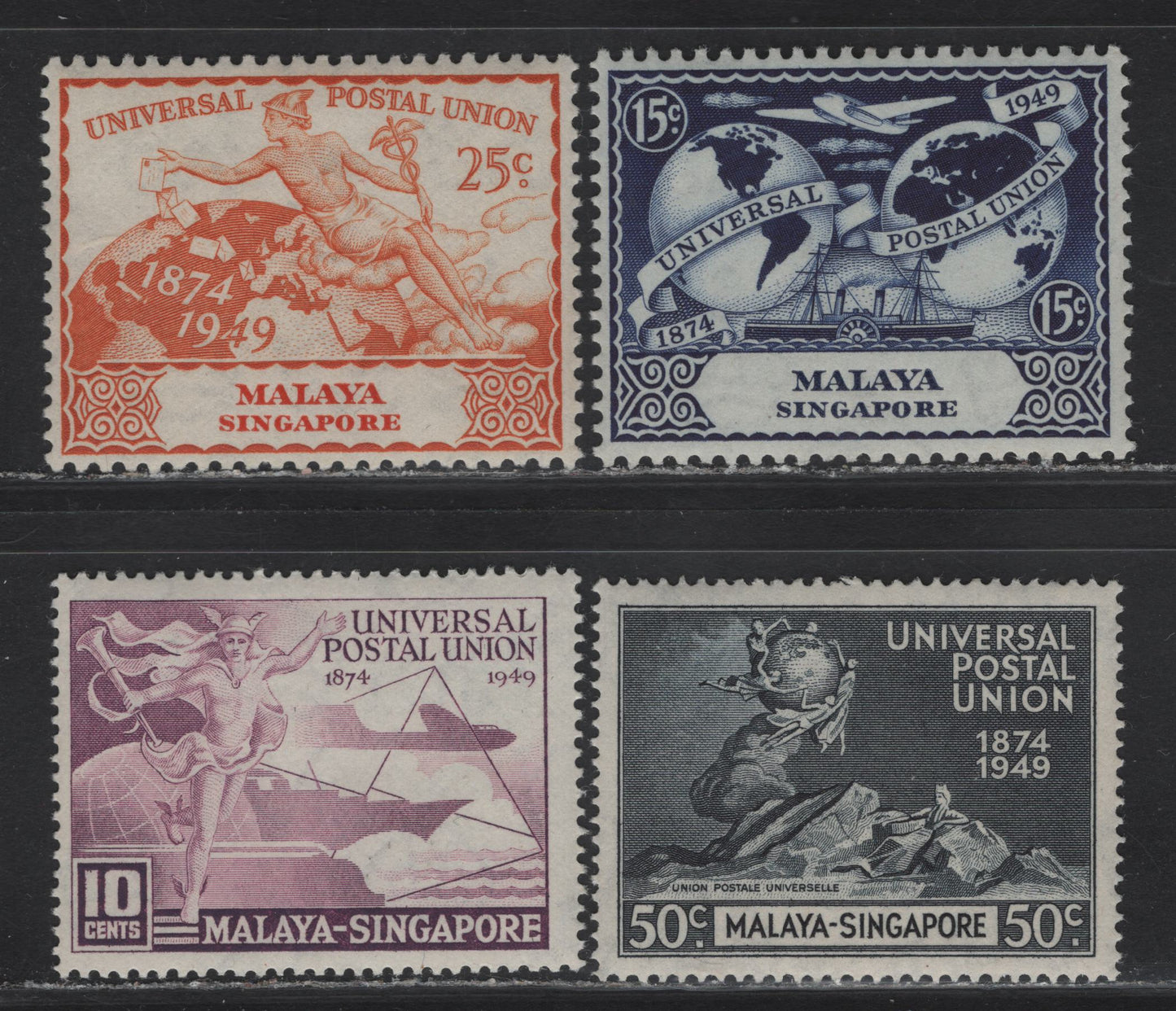 Lot 108 Malaya - Singapore (C) SG#33-36 10c - 50c Purple - Blue & Black Anniv of UPU, 1949 75th Anniv of UPU Issue, 4 F/VFOG Singles