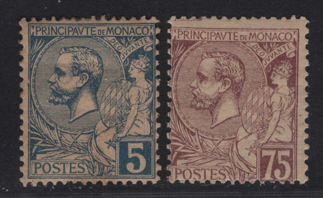 Lot 11 Monaco SC#3, 24a 5c - 75c Slate Blue - Lilac Brown on Buff Prince Albert I, 1891-1921 Prince Albert I Issue, 2 FOG Singles